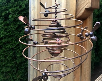 Honey Bee Spiral Mobile - Hanging Yard Garden Art - Copper Color Metal Spinner - Garden Gift Bee Love