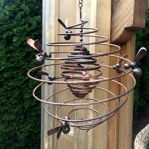 Honey Bee Spiral Mobile - Hanging Yard Garden Art - Copper Color Metal Spinner - Garden Gift Bee Love