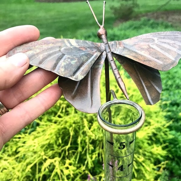 Butterfly Rain Gauge - Yard Art - Copper Color Metal Garden Stake - Garden Gift