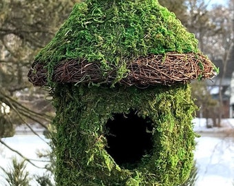 Natural MOSS & Stick Birdhouse SMALL - CAFE Yurt shape with branching stick accent hanging Fairy garden - like Bird House