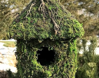 Natural Moss Birdhouse - Cabin with Branching Stick Accent Fairy Garden Whimsical Bird House