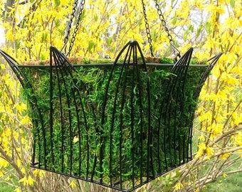 Square Metal & Moss Coco 14" Hanging Basket Natural Planter - Black Arched Design Patio Flowers Plants Herbs Container