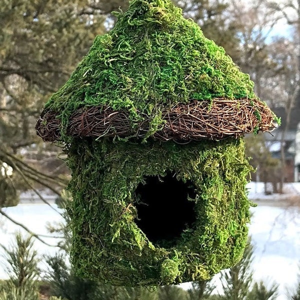 Natural MOSS & Stick Birdhouse SMALL - CAFE Yurt shape with branching stick accent hanging Fairy garden - like Bird House