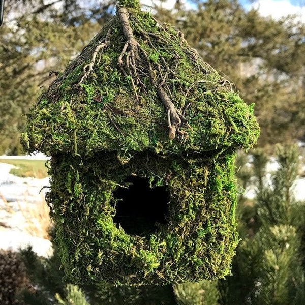 Natural MOSS & Stick Birdhouse SMALL - Cabin with branching stick accent hanging Fairy garden - like Bird House