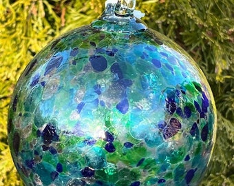 Fairy Globe - Solar Light - Hanging or Table Top - Hand Blown Glass - Blue and Green - Day and Night Art Glass Garden Art