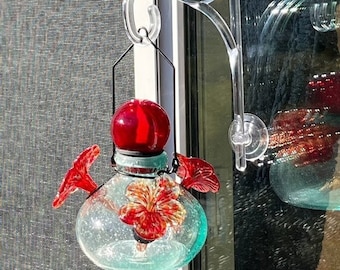 Hummingbird Feeder - Glass Flowers - Small Low Profile Bubble Glass Removable Flowers Easy Fill