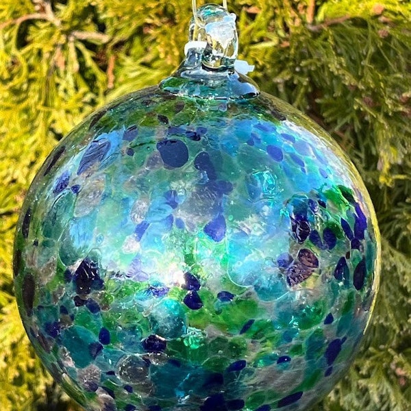 Fairy Globe - Solar Light - Hanging or Table Top - Hand Blown Glass - Blue and Green - Day and Night Art Glass Garden Art