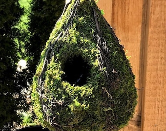 Natural MOSS & Stick Birdhouse SMALL - RAINDROP shape with branching stick accent hanging Fairy garden - like Bird House