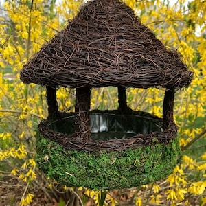 Natural MOSS and Stick Platform Birdfeeder - Hut shape with branching accent hanging Fairy Garden like Bird House Bird Feeder