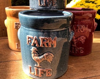 Ceramic Farm Life Jar Crock Planter - Rooster Chicken MEDIUM Rustic Farmhouse Vintage container for Plants Flowers Kitchen Inside Herb Pot