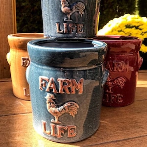 Ceramic Farm Life Jar Planter: Rustic Rooster Decor, Medium Size