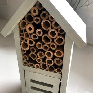 May include: A light green wooden insect house with a front opening and a compartment filled with bamboo tubes for solitary bees and wasps.