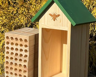 Mt Chalet NATURAL Pollinator House - Insect Hotel w Removable Blocks - Native Bee Beneficial Habitat