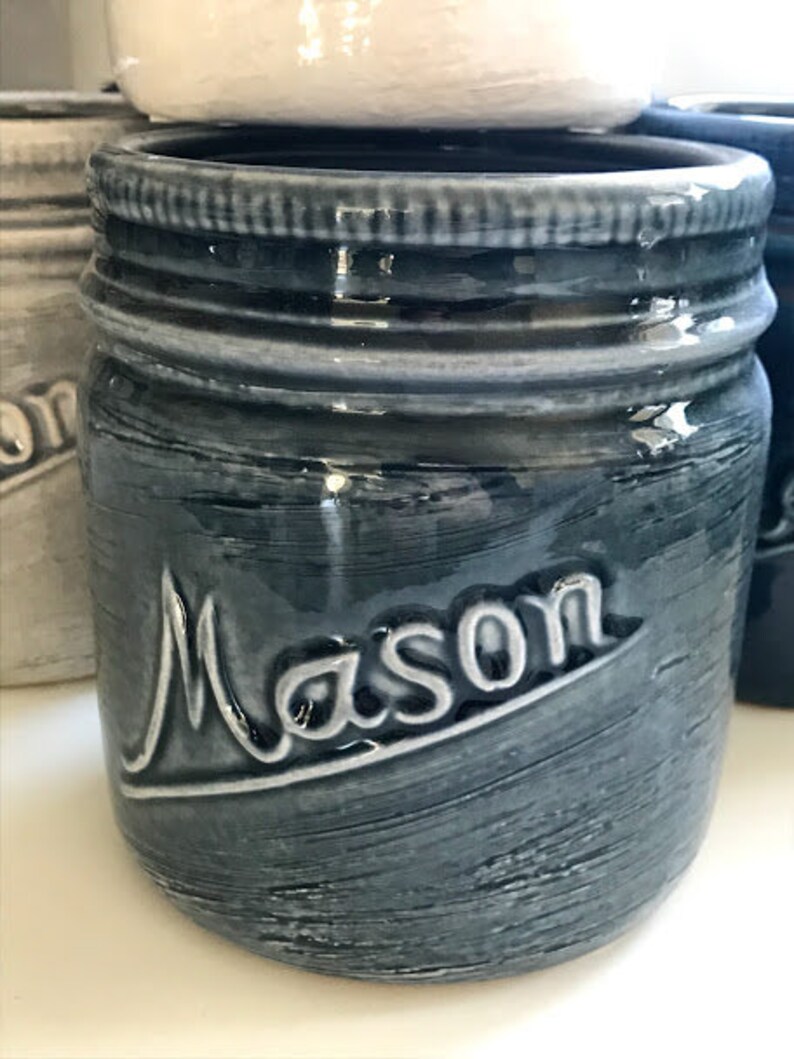 Ceramic Mason Jar Crock Planter MEDIUM Rustic Farmhouse Vintage windowsill container for Plants Flowers Kitchen Inside Herb Pot Blue Gray