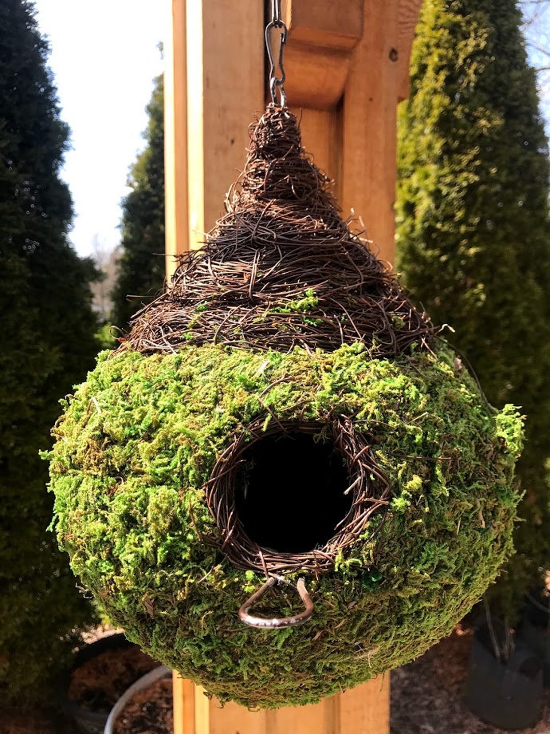 Natural Moss Birdhouse - Teardrop Wicker Bird House with Branch Accent Whimsical
