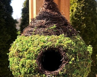 Natural MOSS & Stick Birdhouse - TEARDROP Wicker shape with branching stick accent hanging Fairy like Bird House