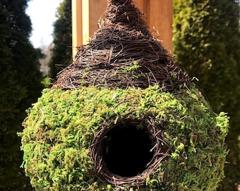 Natural MOSS & Stick Birdhouse - TEARDROP Wicker shape with branching stick accent hanging Fairy like Bird House