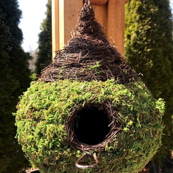 Natural MOSS & Stick Birdhouse - TEARDROP Wicker shape with branching stick accent hanging Fairy like Bird House