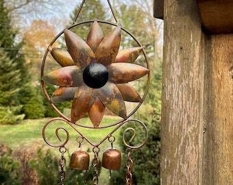 Rustic Flower Garden Sun Bells - Bell Chime Metal Garden Art Decor - Nature windchime Gift