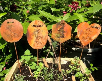 Metal Herb Signs - Basil - Oregano - Dill - Parsley Garden Marker Stake - Copper Color Metal Garden Label