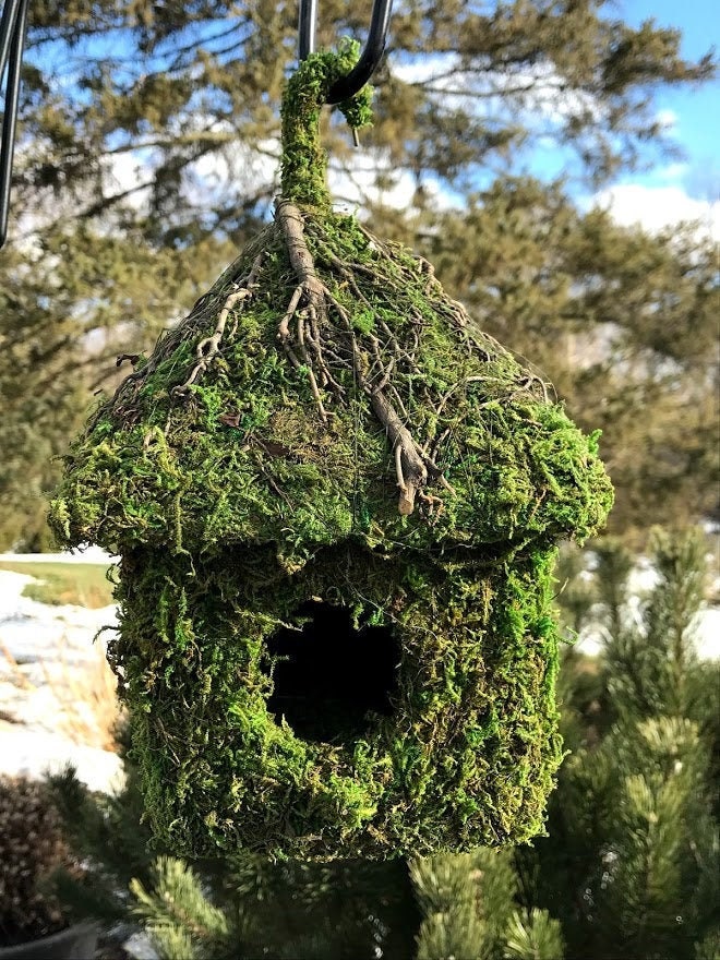 Natural MOSS & Stick Birdhouse SMALL - Cabin with branching stick acc…