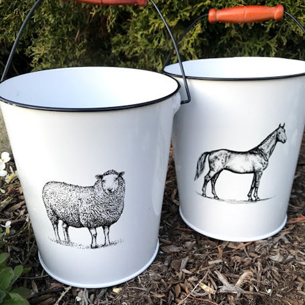Farm Animal PLANTER Enamel Pail - Sheep Horse Chicken Pig Cow white Bucket Container Pot Rustic Farmhouse Country Kitchen Barn