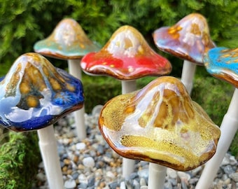 Medium Ceramic Pottery Mushroom Stake - Whimsical Garden Planter Pick Decor Gift