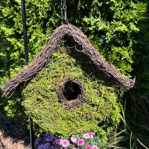 Natural MOSS & Stick Birdhouse - LOFT Wicker shape with branching stick accent hanging Fairy like Bird House