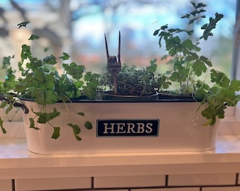 Windowsill Oval Herb Planter Trio Container Pot - Enamel Rustic Farmhouse Indoor Gardening
