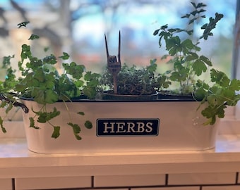 HERBS Windowsill Planter - Rustic Farmhouse planter for Plants Herbs Flowers Kitchen Herb Pot