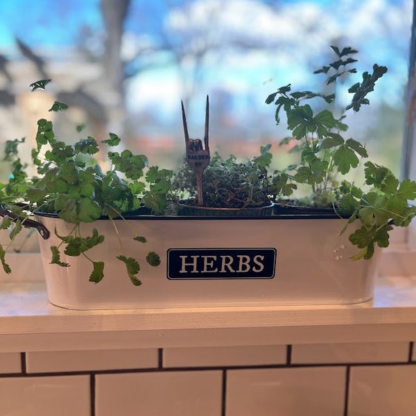 HERBS Windowsill Planter - Rustic Farmhouse planter for Plants Herbs Flowers Kitchen Herb Pot