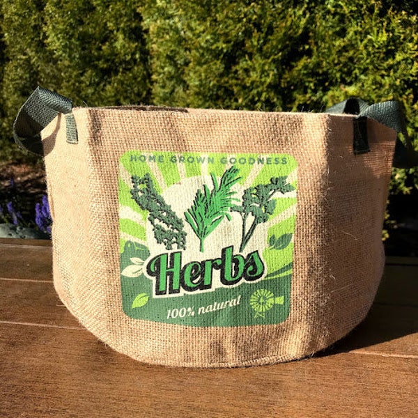 Burlap HERB Growing Planter Bag - Rustic Farmhouse Container Fabric Pot with Handles and Liner Kitchen Urban Garden Gardening Gift