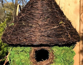 Natural Dried Moss & Stick Birdhouse - Yurt Shape Whimsical Forrest Garden Nature Decor Gift