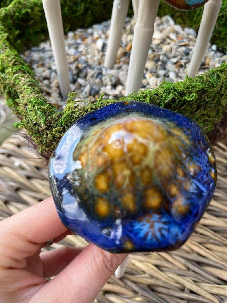 K&ouml;nnte beinhalten: Nahaufnahme eines blau-goldenen Keramikpilzes. Der Pilz hat eine gl&auml;nzende Oberfl&auml;che mit einem dunkelblauen Rand und einer strukturierten, gesprenkelten goldfarbenen Mitte. Der Pilz wird in einer Hand gehalten, mit einem Hintergrund aus Moos und kleinen Steinen.