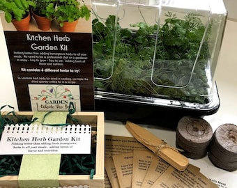 Kitchen Herb Garden Collection +  Table Top Greenhouse - Organic Garden Seeds Fun & Easy Specialty Garden Grow Kit Unique Gardening Gift Set