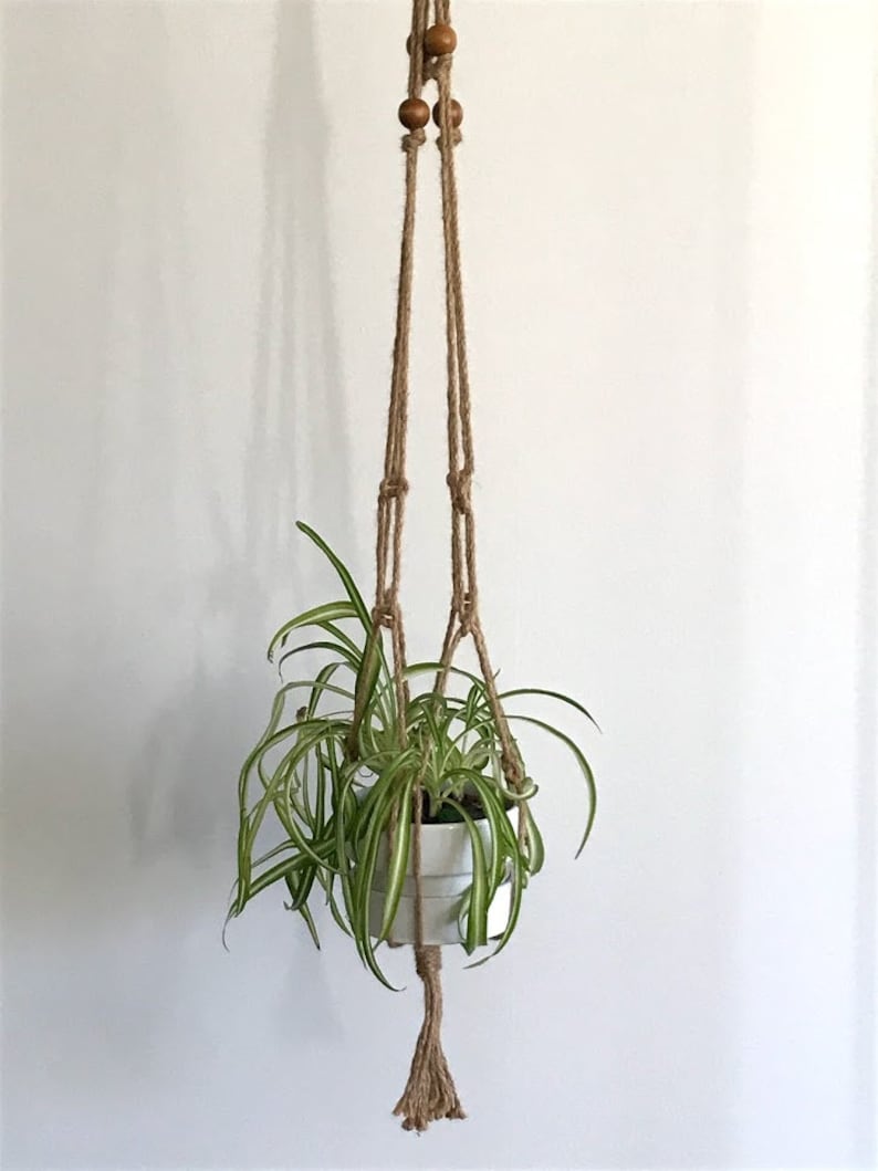 Hanging NATURAL Wood Bead Accent JUTE Macrame Planter Indoor Etsy