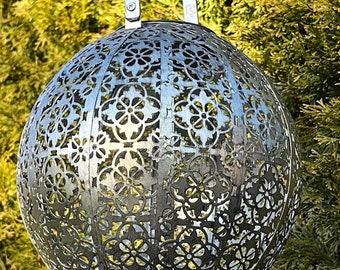 Garden Lantern Globe - Solar Light - Hanging or Table Top - Vintage Inspired pattern - Metal