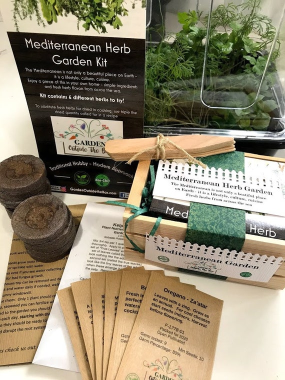 Mediterranean Herb Garden Seed Kit Collection w Mini Greenhouse and growing supplies Gardening Gift