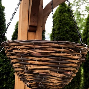 Rustic Wicker Wood 14" Hanging Woven Basket Natural Planter - Patio Flowers Plants Herbs Container Indoor or Outdoor