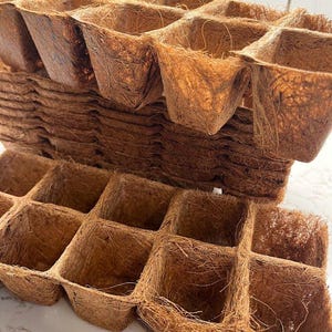 May include: A stack of brown, square-shaped seed starting trays made from natural fibers. The trays are divided into individual cells, perfect for starting seedlings. The texture of the trays is rough and fibrous, with a warm, earthy tone.