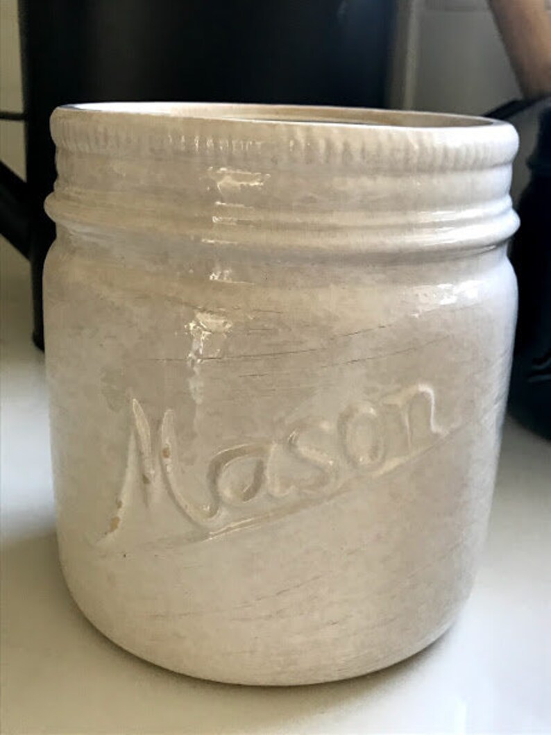 Ceramic Mason Jar Crock Planter MEDIUM Rustic Farmhouse Vintage windowsill container for Plants Flowers Kitchen Inside Herb Pot White