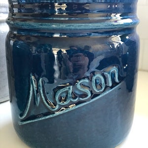 Ceramic Mason Jar Crock Planter MEDIUM Rustic Farmhouse Vintage windowsill container for Plants Flowers Kitchen Inside Herb Pot Blue