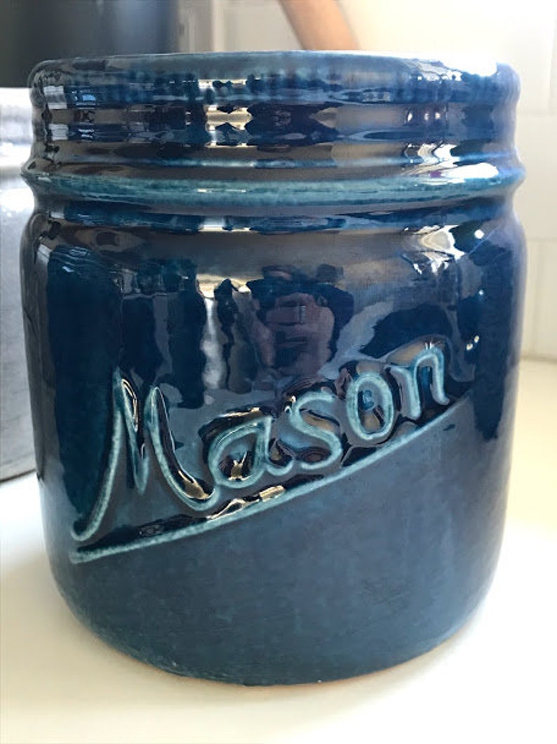 Ceramic Mason Jar Crock Planter MEDIUM Rustic Farmhouse Vintage windowsill container for Plants Flowers Kitchen Inside Herb Pot Blue