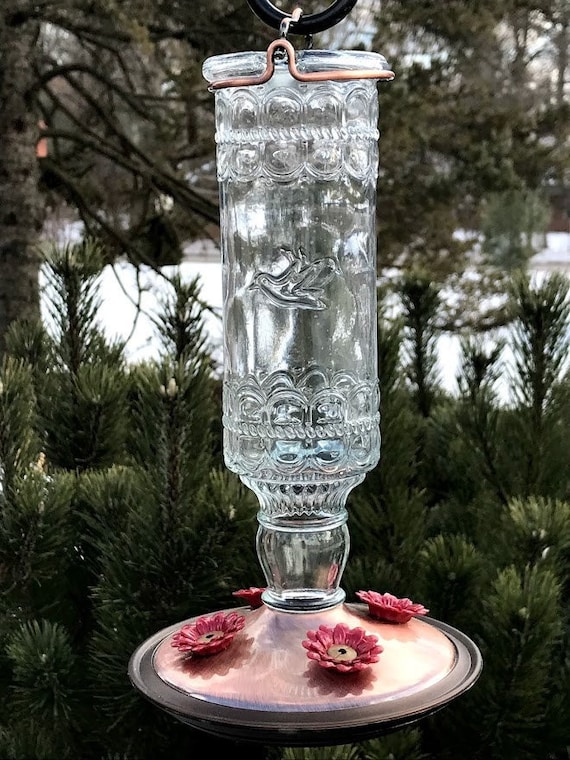Vintage inspired Hummingbird Feeder - CLEAR or GREEN Glass - Small 10oz bird feeder Nature Gift