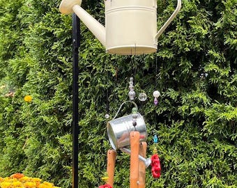 Whimsical Watering Can Wind Chime Garden Art Mobile with Tools - Windchime Gardening Gift