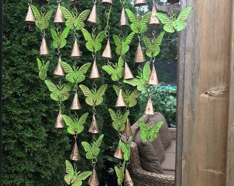 Green Sky Butterfly Branch Windchimes - Hanging Yard Art - Metal Wind Chime - Garden Gift