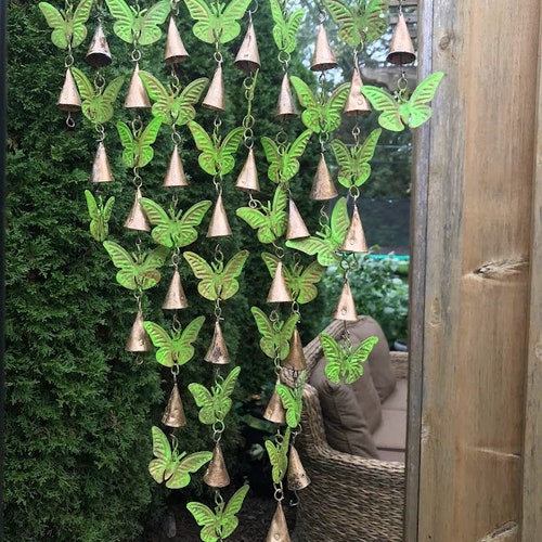 Green Sky Butterfly Branch Windchime Bells - Hanging Yard Art Decor- Metal Wind Chime Gift