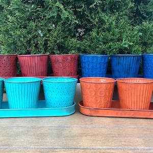 May include: Set of nine metal planters in various colors, including red, blue, and turquoise. The planters are arranged in three rows of three, with each row sitting on a matching colored tray. The planters have different embossed patterns, including hexagons and stripes.