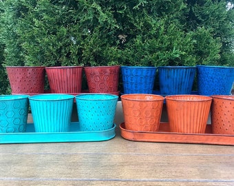 3 Set Metal Herb Planter Pots with Tray Trio Red Blue Orange - Rustic Farmhouse Vintage container for Plants Flowers Indoor Kitchen