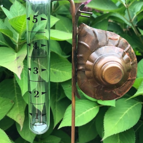 Snail Rain Gauge - Yard Art - Copper Color Metal Garden Stake - Garden Gift